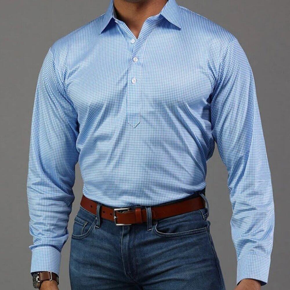 NWT Collar & Co. Long Sleeve Semi-Spread Collar Polo  Blue Micro Gingham 2XL